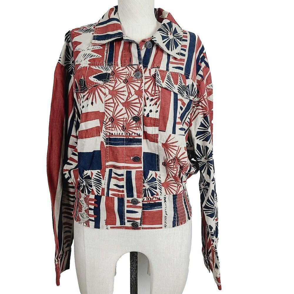 Free People Top‎ M Rust Red Blue Ethnic Print Button-Front Smocked Waist Blouse